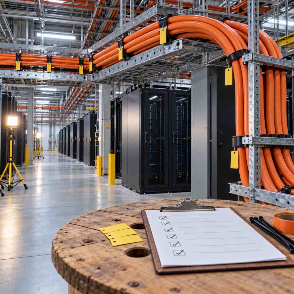 Site engineer with a printed cable checklist walking past newly installed labeled feeders in a data hall under commissioning