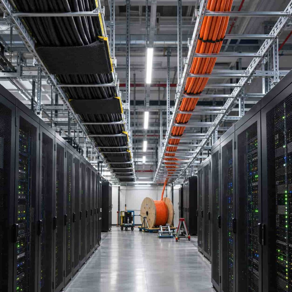 New cable bundles being installed in spare tray positions alongside live feeders in an operating data hall