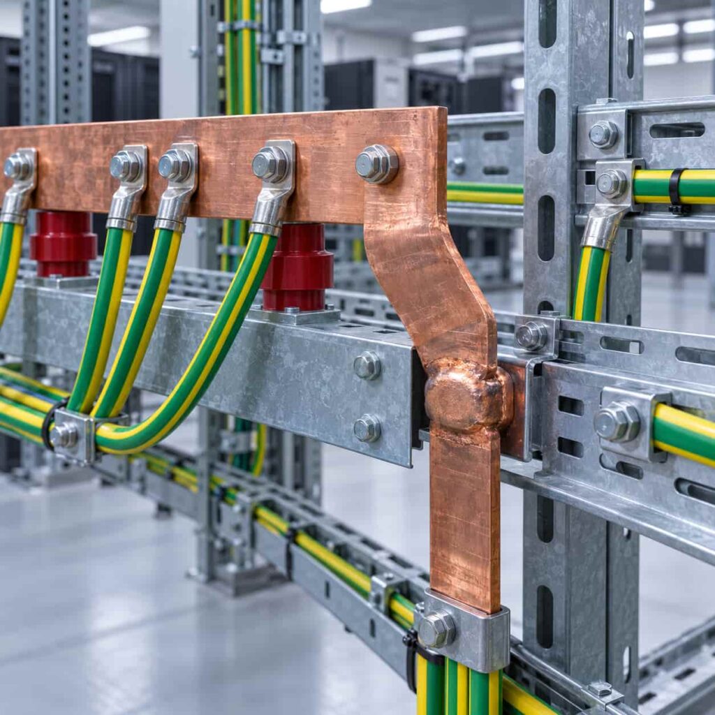 Bare copper earth conductors and green-yellow bonding cables run along cable trays in a data center