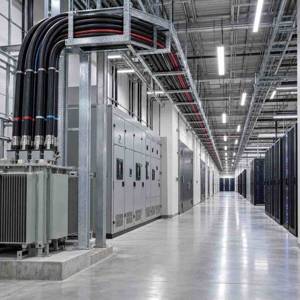Full cable route view from substation feeder trays through power rooms to server racks in a data center