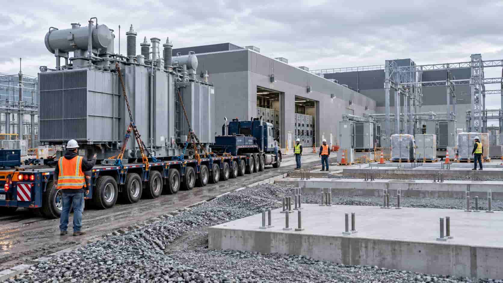 Large transformer arriving at a data center substation construction site during scheduled equipment delivery