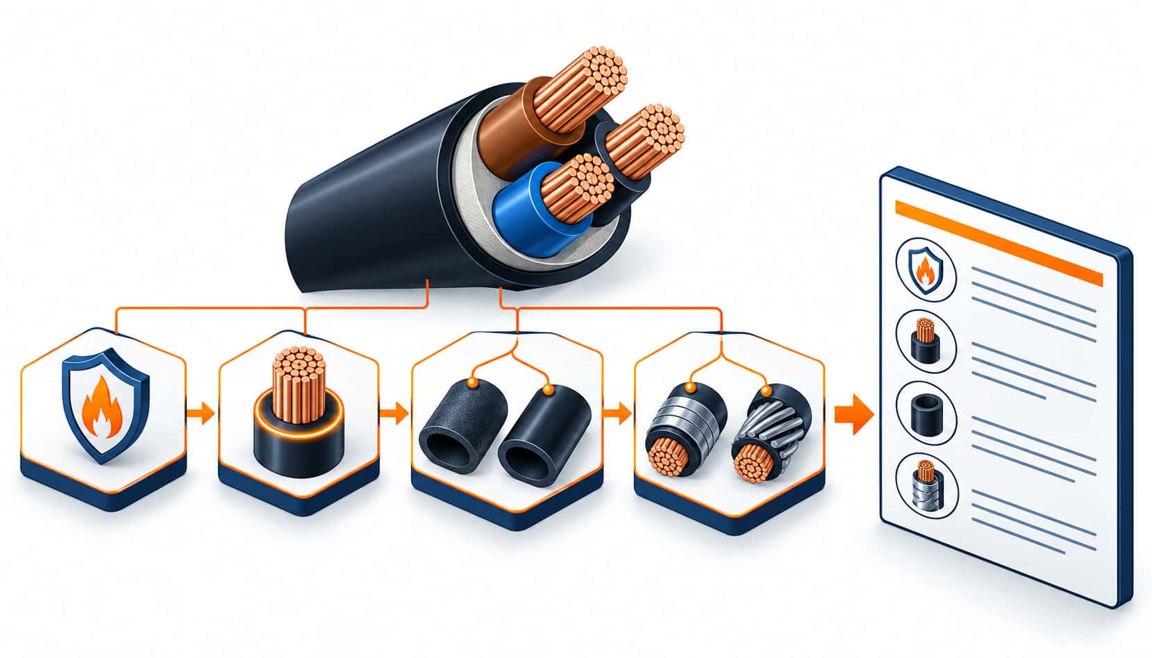 Isometric illustration of the Chinese cable designation decoder with insulation, sheath, fire prefix and armor letters