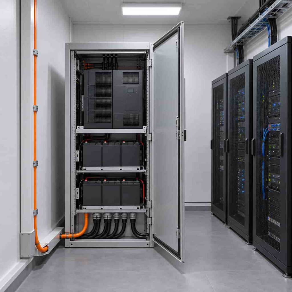 Compact integrated edge power cabinet with neatly glanded cable entries in a small unattended edge computing room