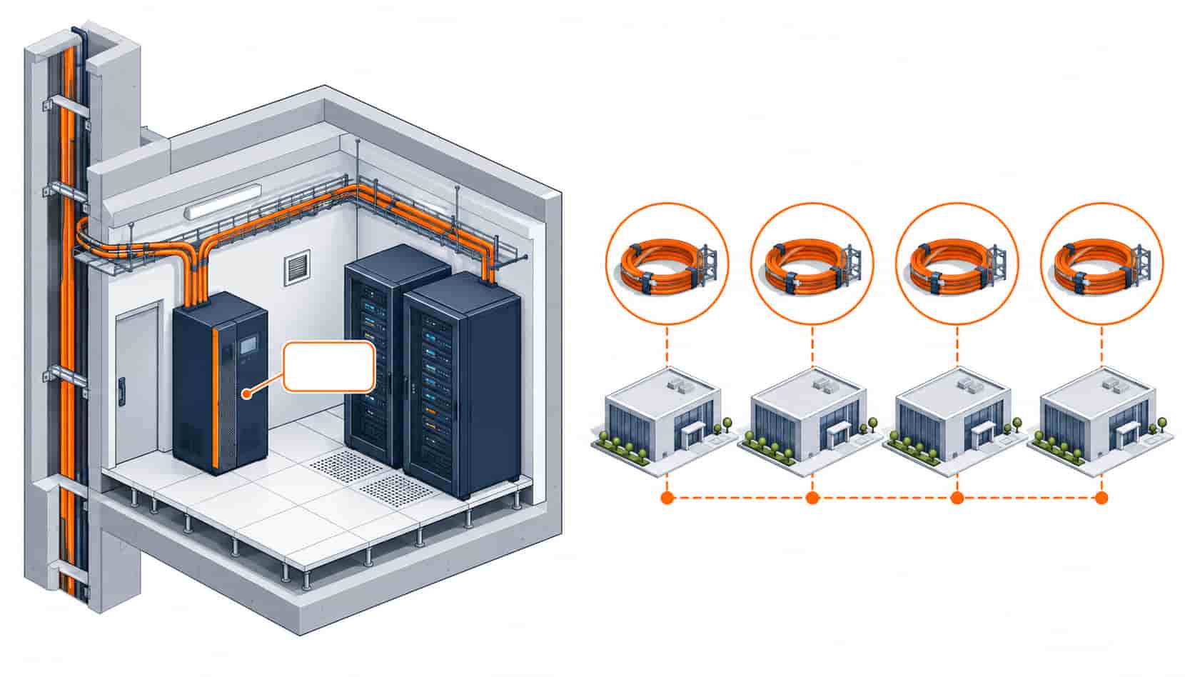 Isometric illustration of standardized cable scope for small distributed edge sites with one integrated power cabinet per site