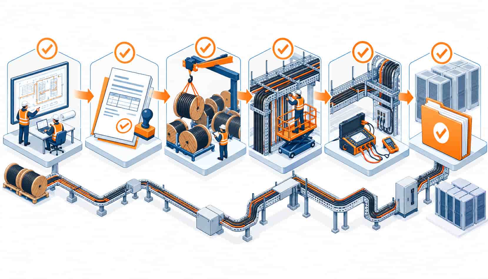 Isometric illustration of six phase gates for EPC data center cabling from design to handover