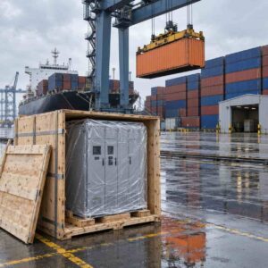 Container crane loading electrical equipment at a port with a currency chart overlay
