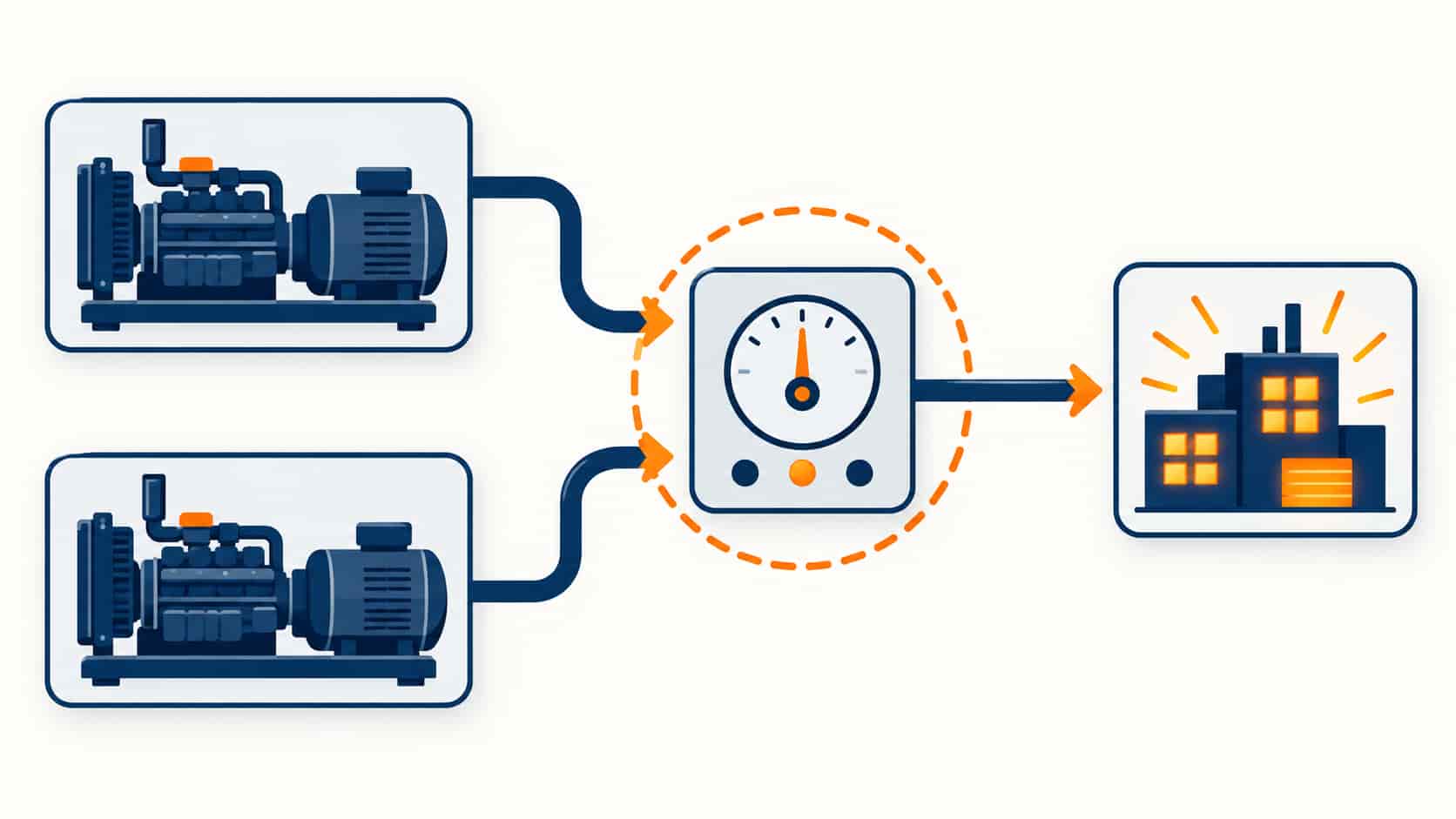Flat illustration of two generators synchronizing onto a shared bus through a sync panel