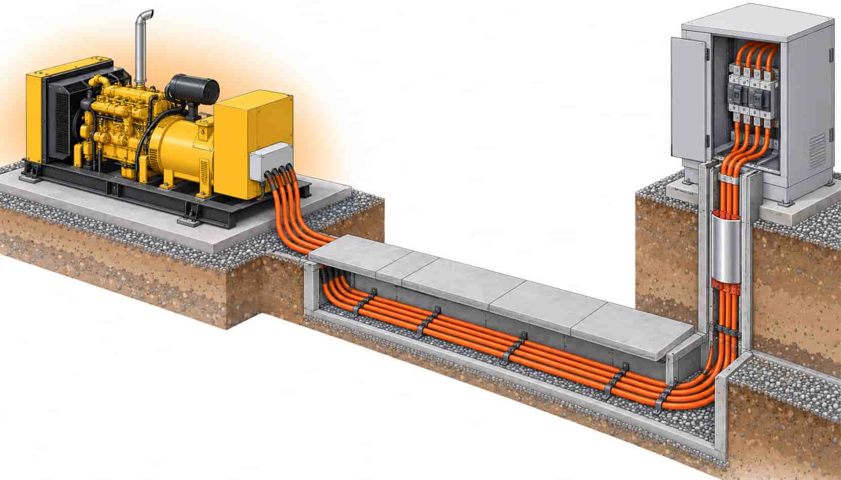 Isometric illustration of the cable route from a standby generator through trays to an ATS panel