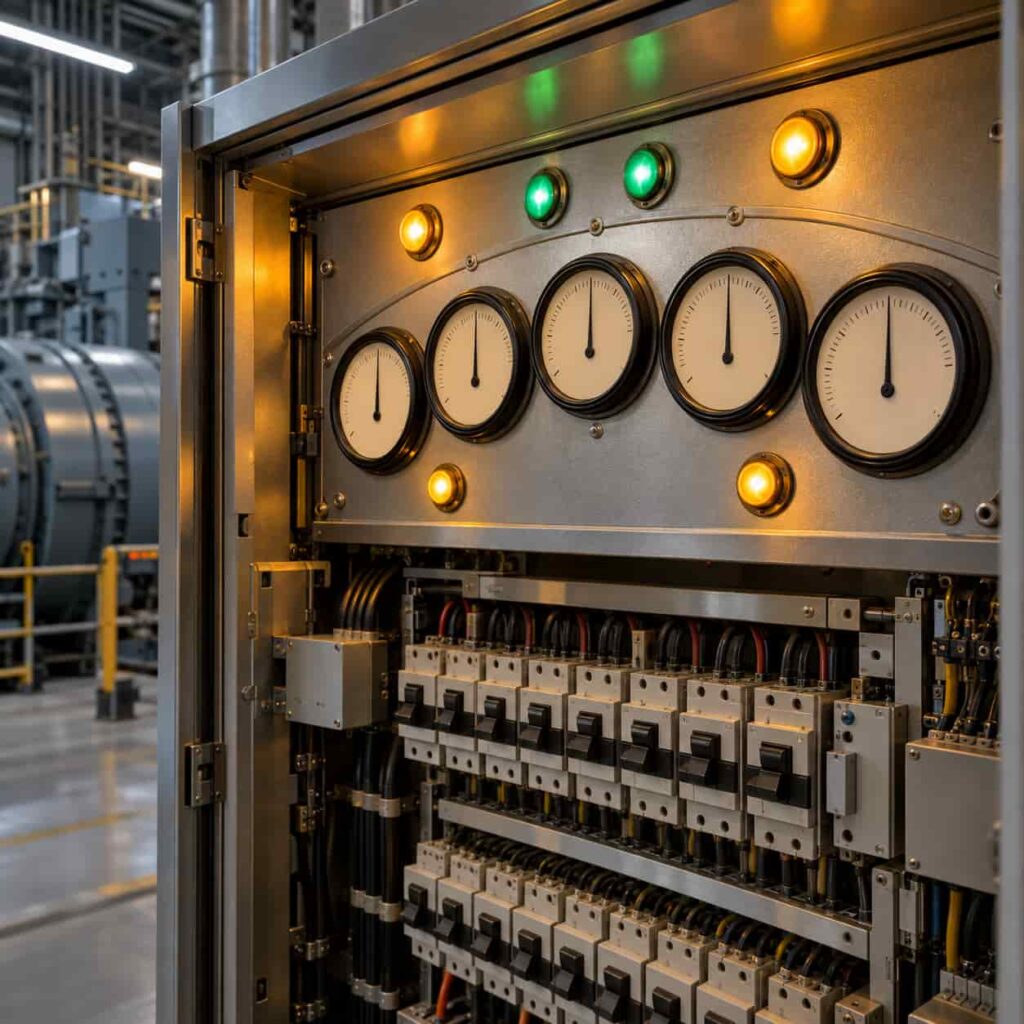 Generator control panel with synchronizing meters in a power plant room
