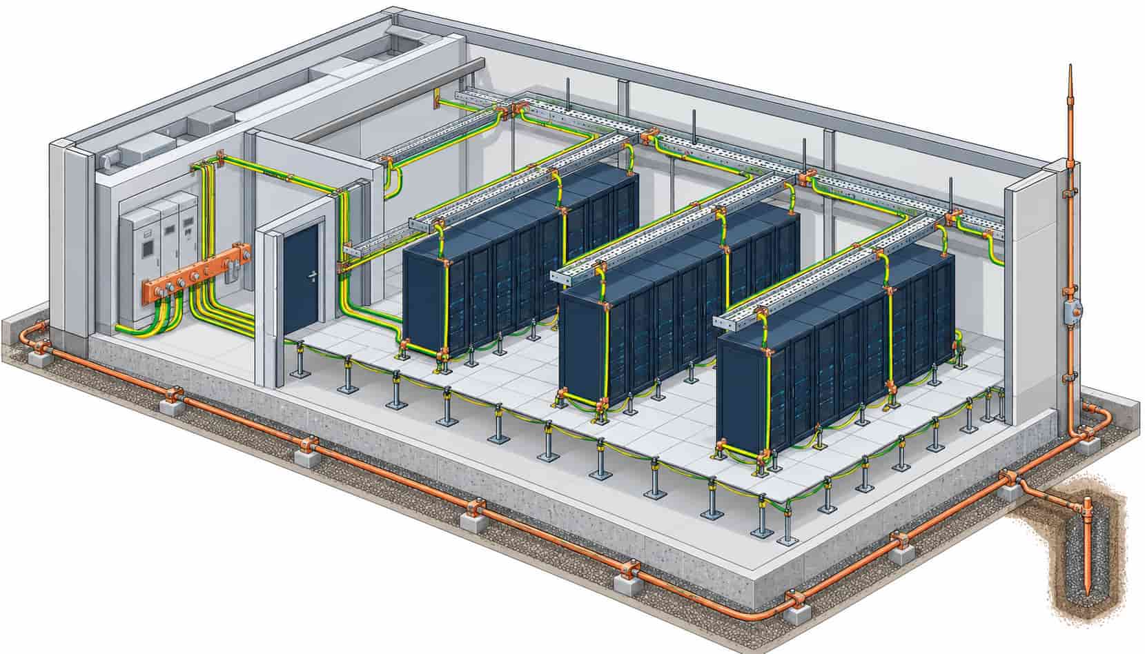 Isometric illustration of the equipotential bonding network connecting racks, trays and earthing system in a data center