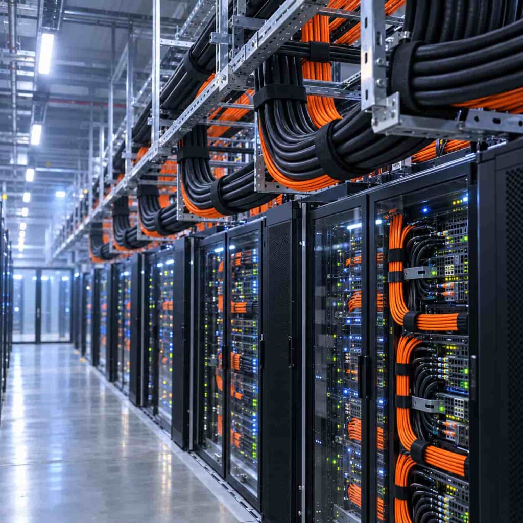 Dense overhead cable trays carrying parallel power feeders above high density server racks in an AI data hall