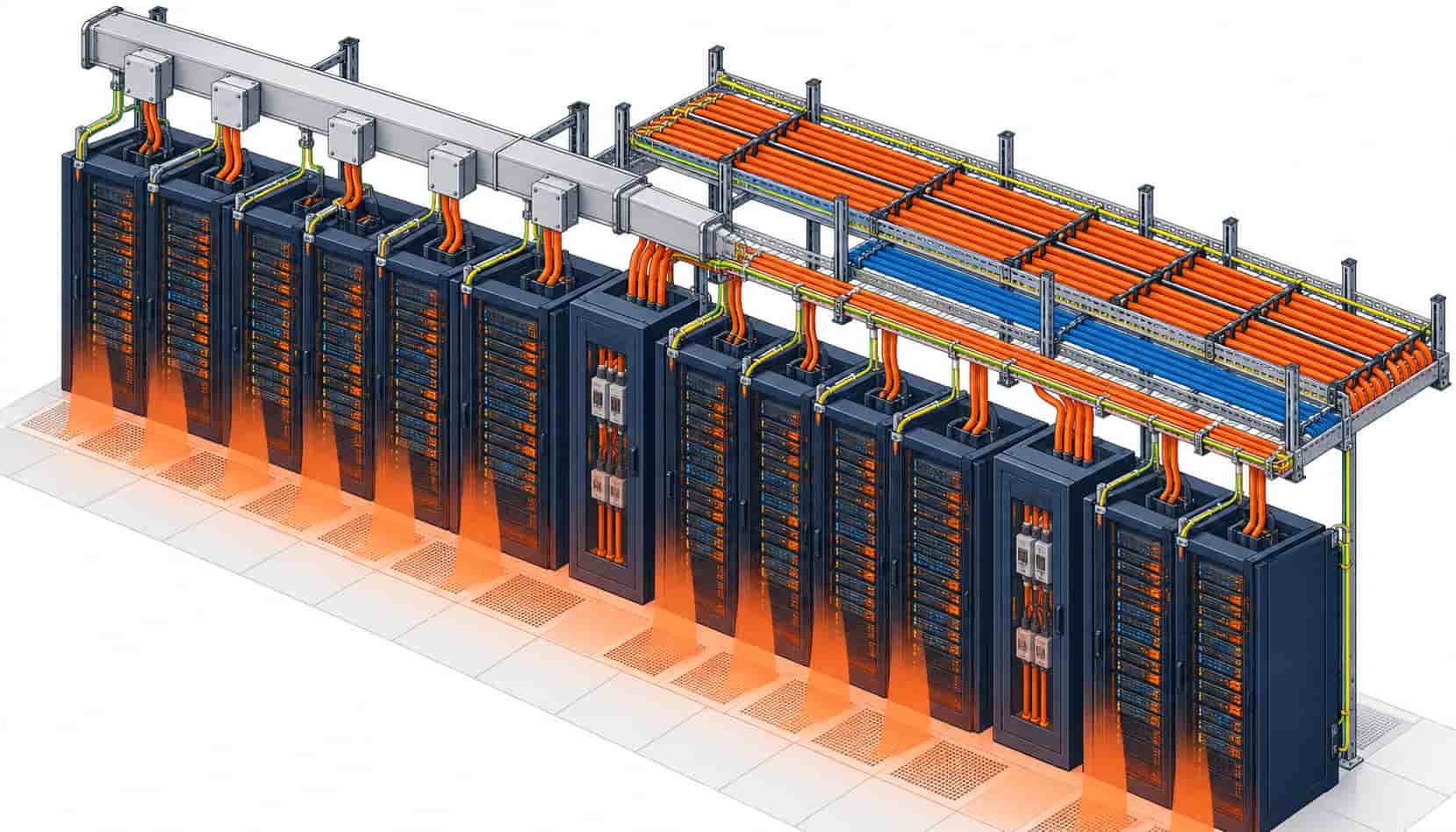 Isometric illustration of busway spine and parallel feeder routing above 30kW AI racks