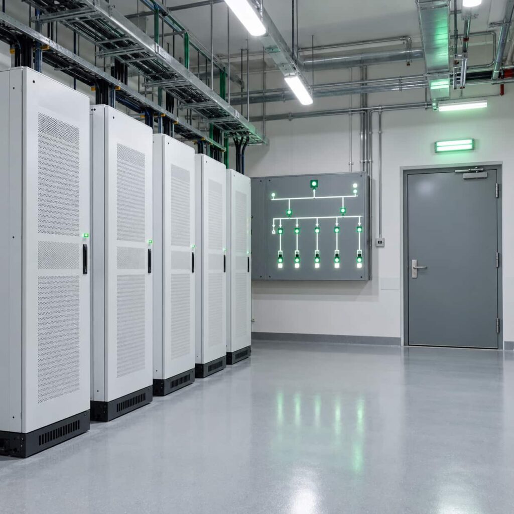 Hospital emergency power room with UPS cabinets and generator paralleling switchgear