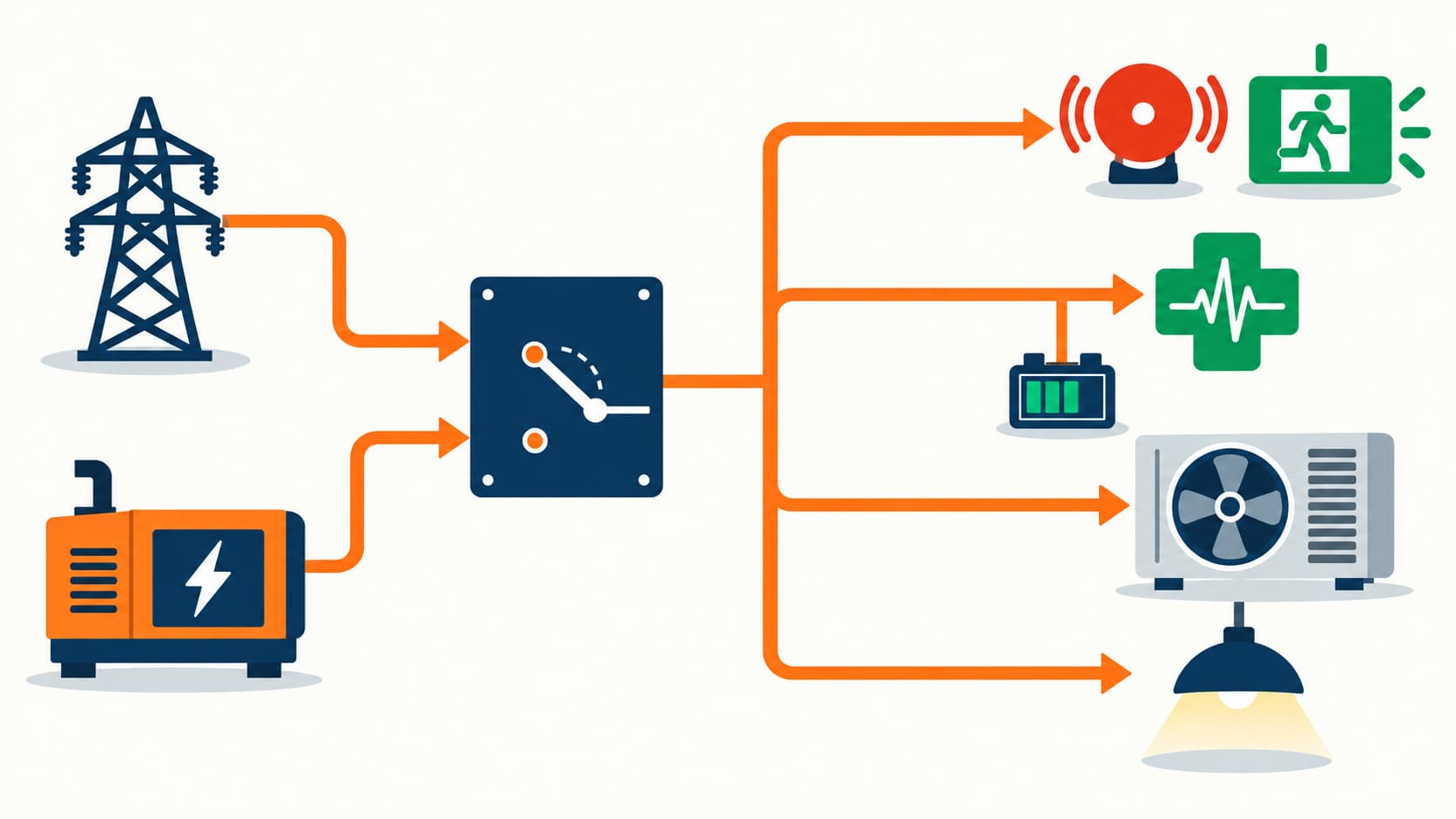 Flat infographic of hospital backup power branches from utility and generator to life safety critical and equipment loads