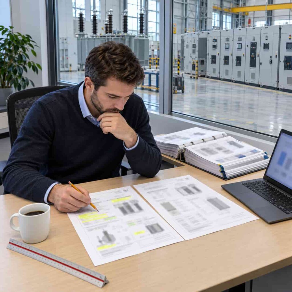 Engineer comparing two printed equipment datasheets at a desk with a switchgear lineup in the background