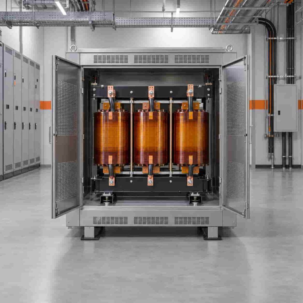 Engineer reviewing power transformer test reports in a factory test bay