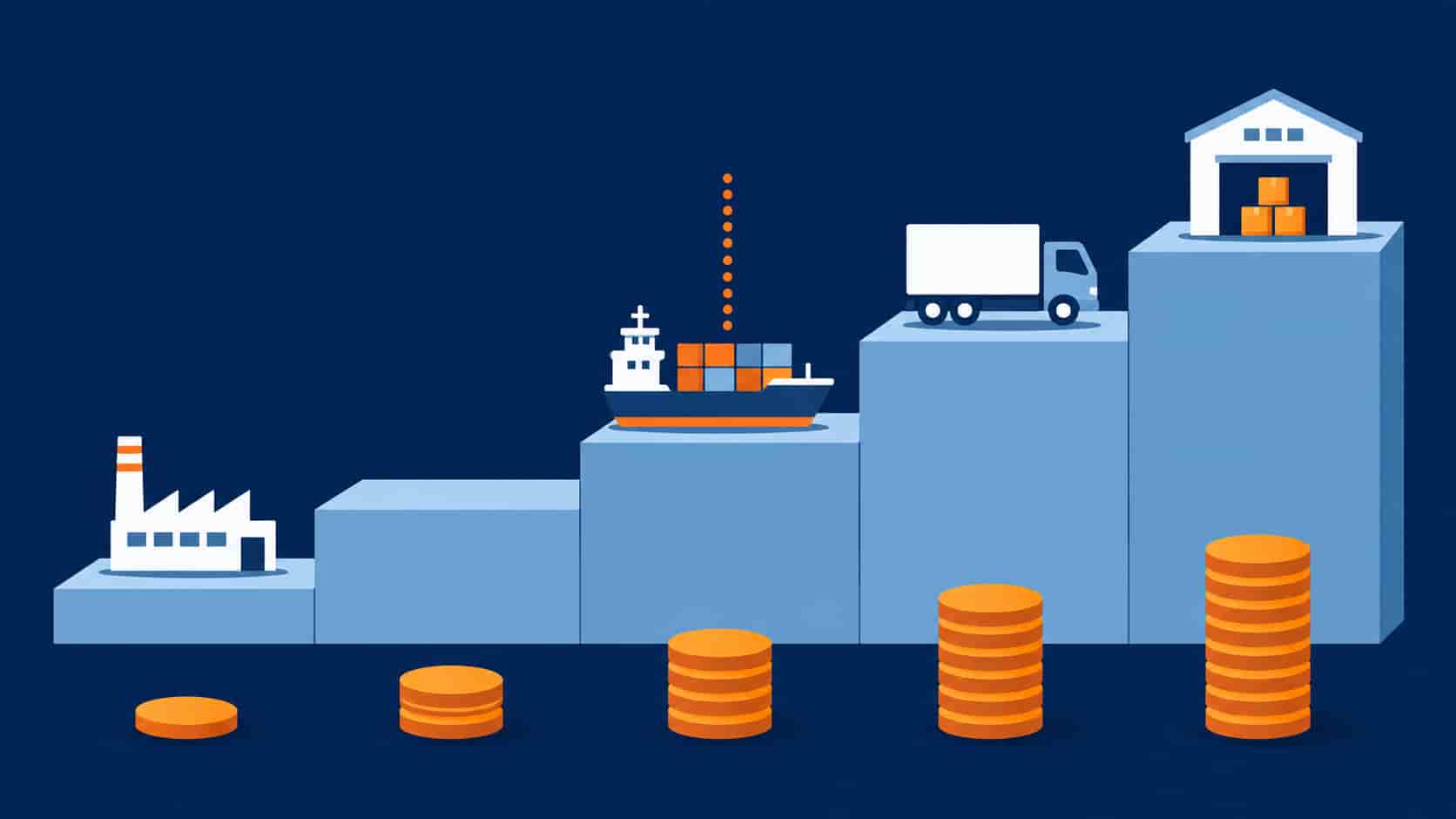 Flat infographic of the Incoterms ladder from EXW to DDP with risk transfer points