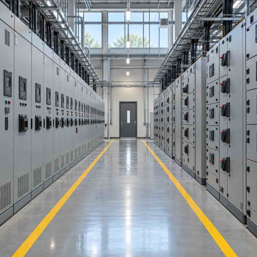 Industrial plant power distribution room with switchgear line-up and MCC panels