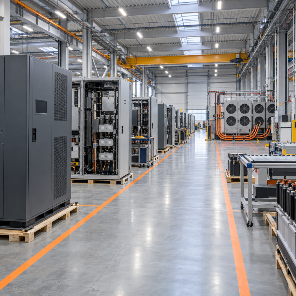 UPS production and testing area inside an electrical equipment factory