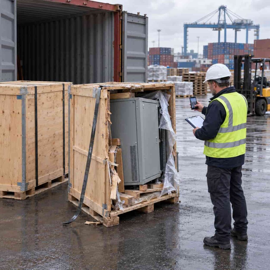 Open shipping container with damaged electrical equipment crates at a warehouse yard