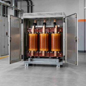 Dry-type isolation transformer installed in an industrial power distribution room