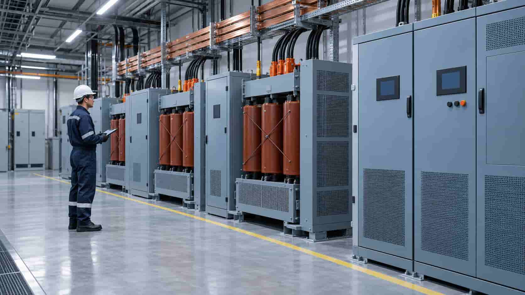 Technician inspecting dry-type isolation transformers and VFD cabinets in an industrial electrical room