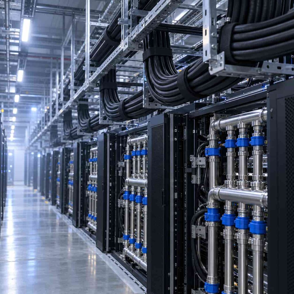 Power cables routed above liquid cooled server racks with coolant manifolds in an AI data center hall