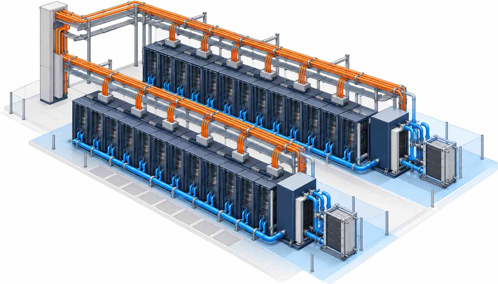 Isometric illustration of power and coolant routing zones in a liquid cooled AI data hall