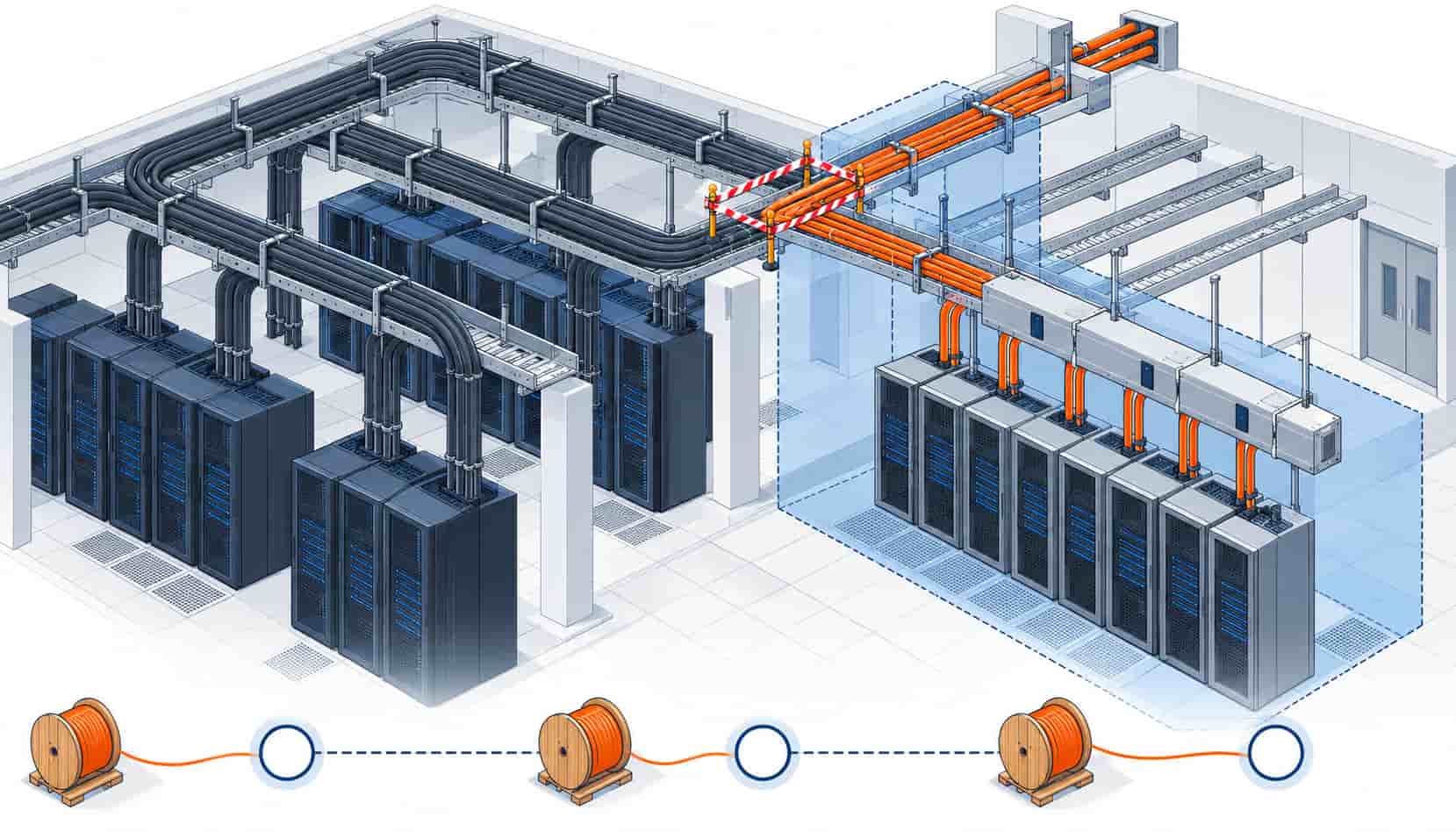 Isometric illustration of phased cable expansion alongside live routes in an operating data hall