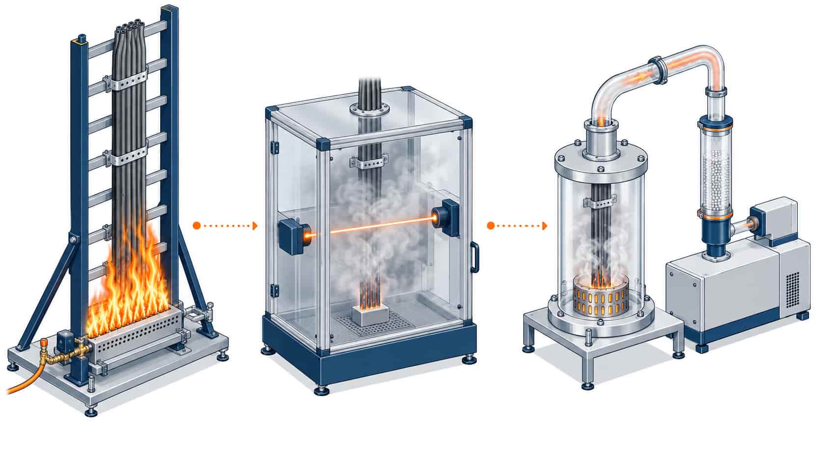 Isometric illustration of cable test chambers for flame spread, smoke density and halogen content