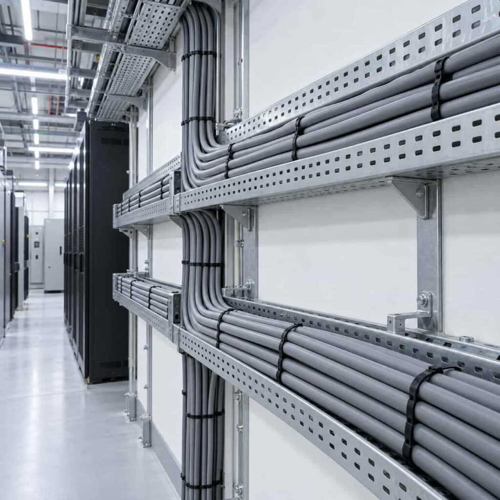Low smoke zero halogen power cables neatly run on trays in a data center technical room
