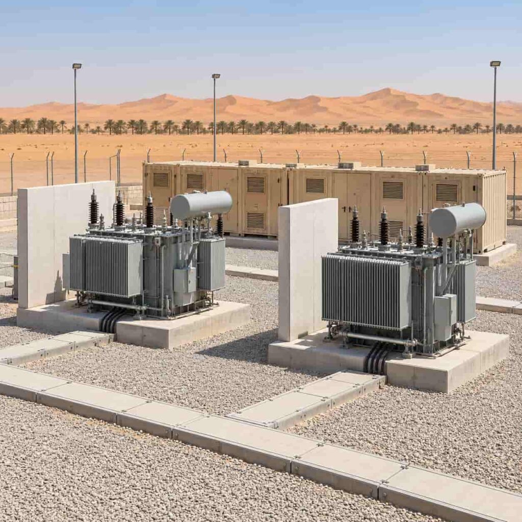 Distribution transformers and switchgear containers at a desert infrastructure site in the Middle East