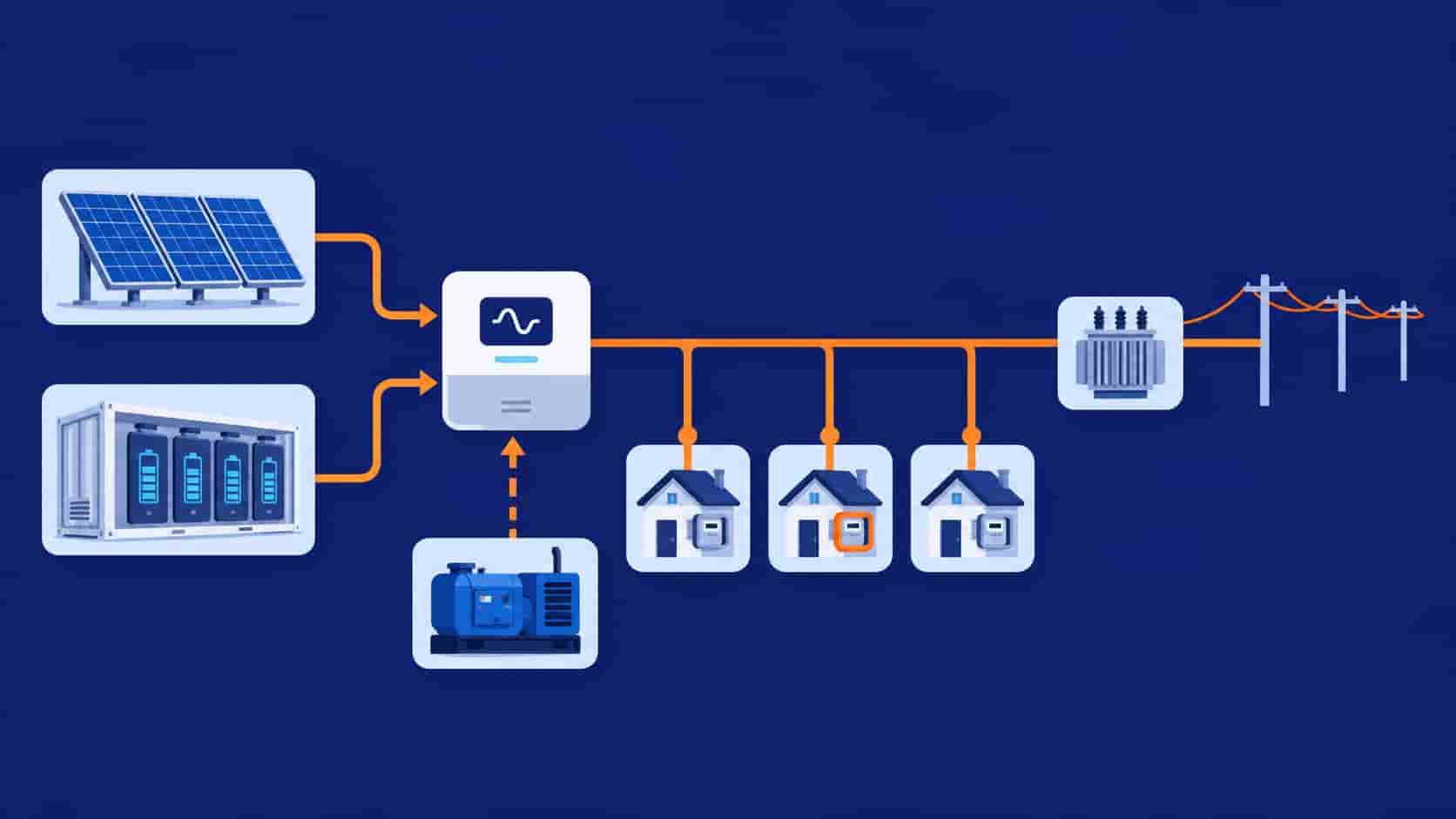 Flat infographic of solar-hybrid mini-grid architecture from PV and battery storage through hybrid inverter to village distribution