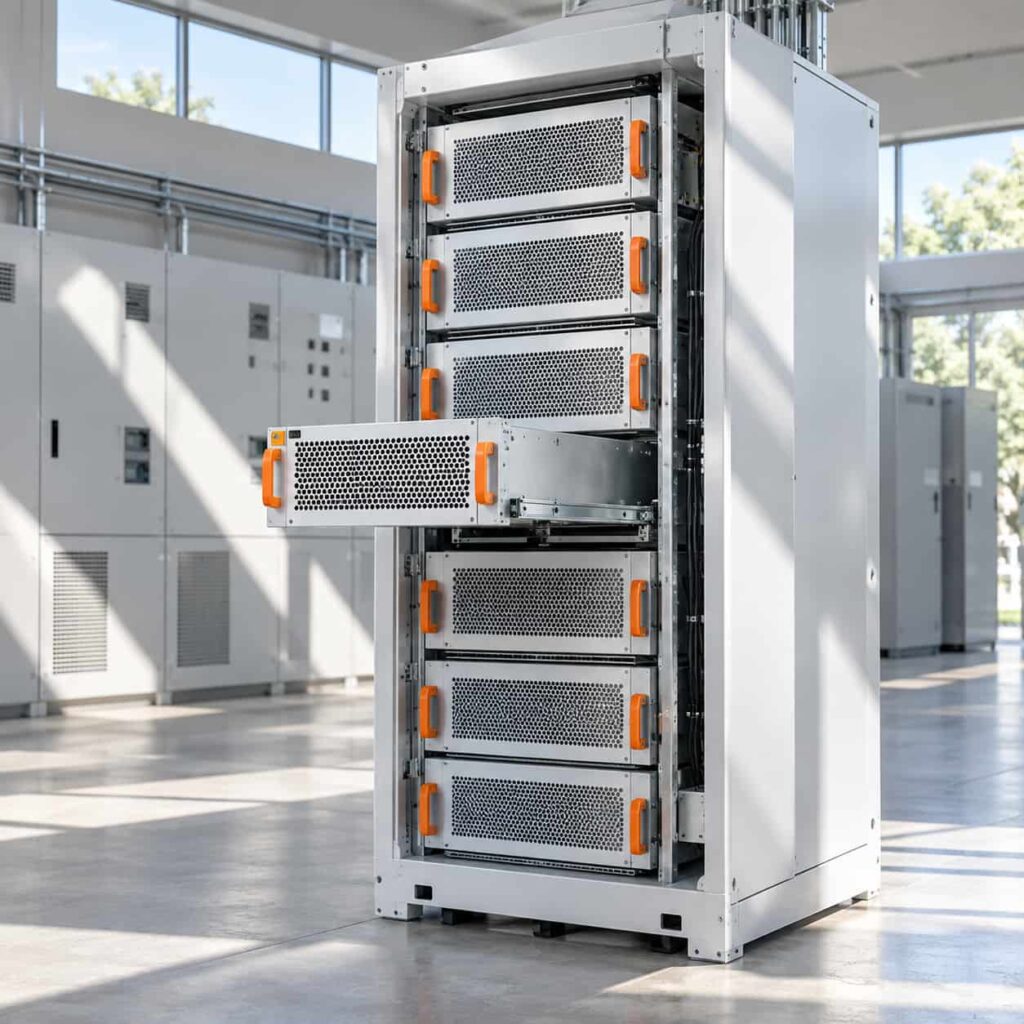 Modular UPS frame with plug-in power modules in a data center electrical room
