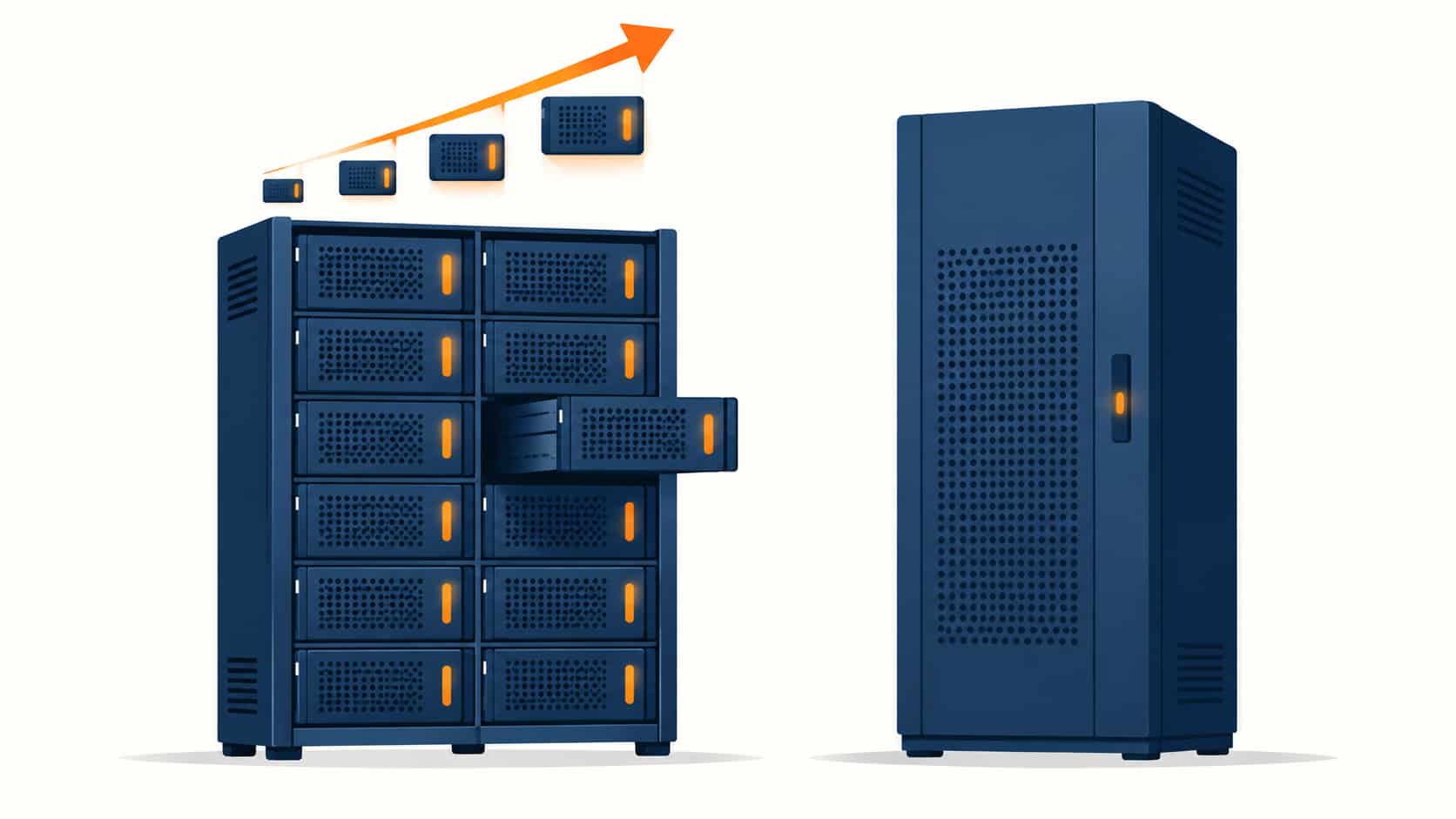 Flat illustration comparing a multi-module UPS frame and a single monolithic UPS cabinet