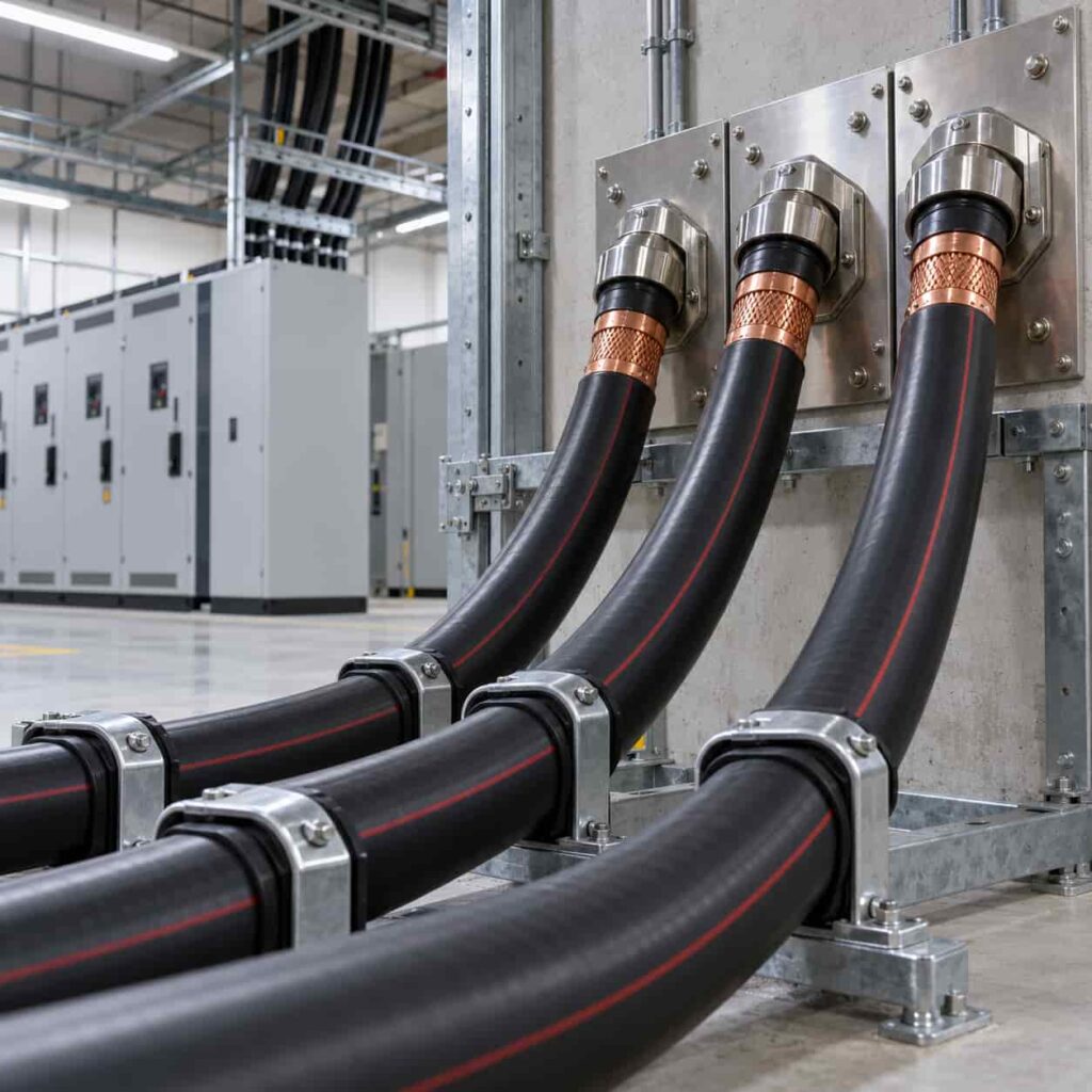Large single core medium voltage cables with copper screens entering a data center intake room