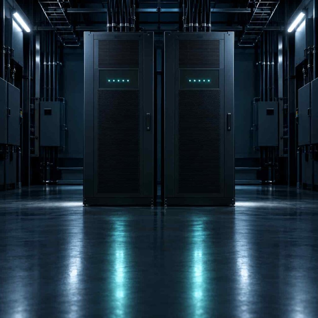Two parallel UPS cabinets feeding a shared critical bus in a data center