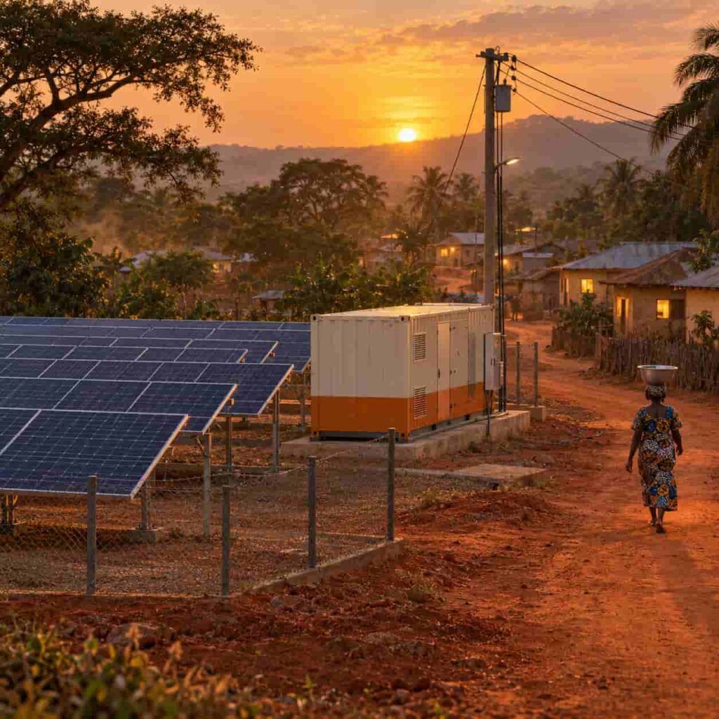 Solar-hybrid mini-grid container with PV arrays and battery storage serving a rural Nigerian community