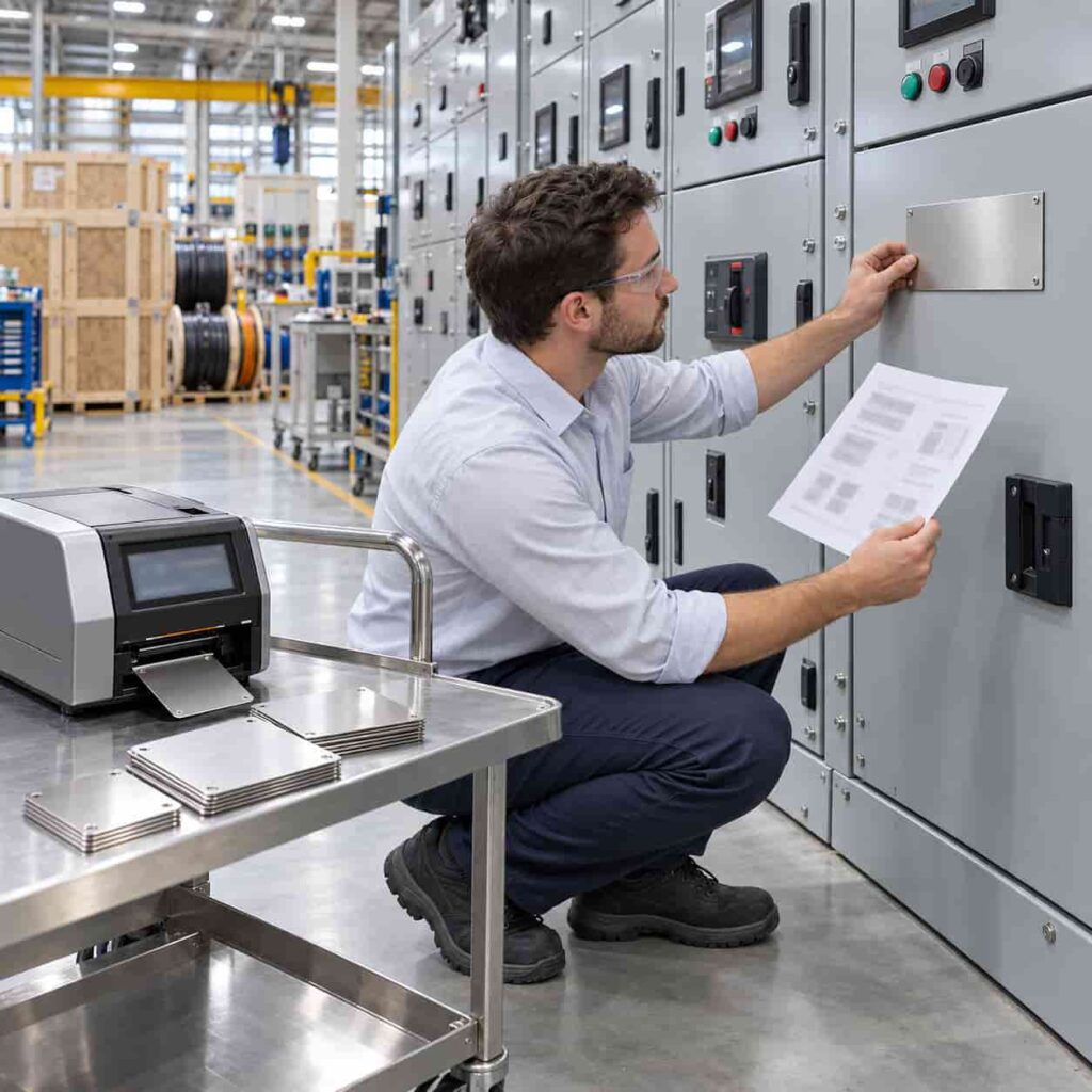 Engineer reviewing branded nameplates on finished switchgear panels in a factory