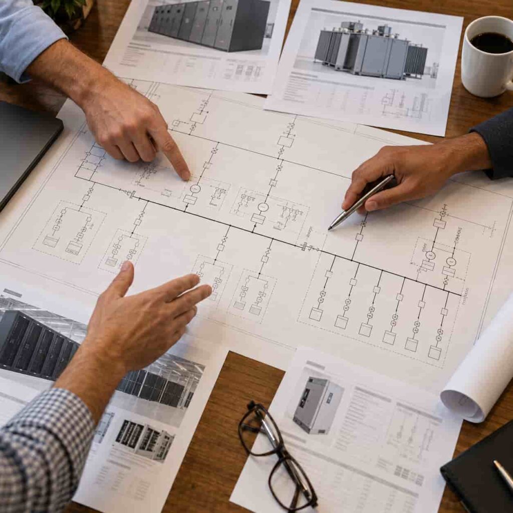 Coordination meeting reviewing a data center single-line diagram with equipment nameplates