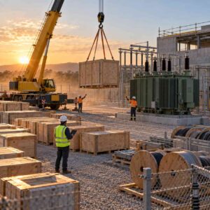 Construction site storage yard with coordinated electrical equipment crates and a crane