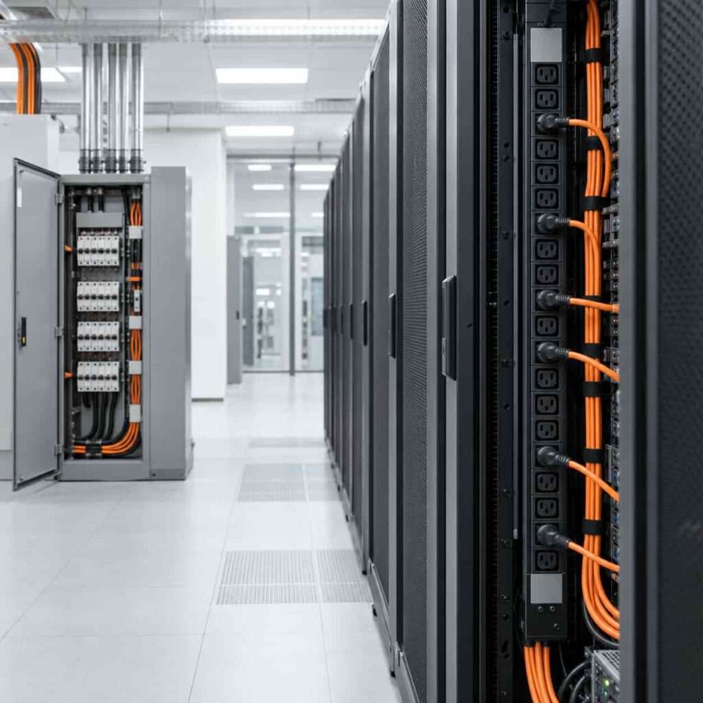 Data center rack row with in-rack power strips and a floor-mounted PDU cabinet