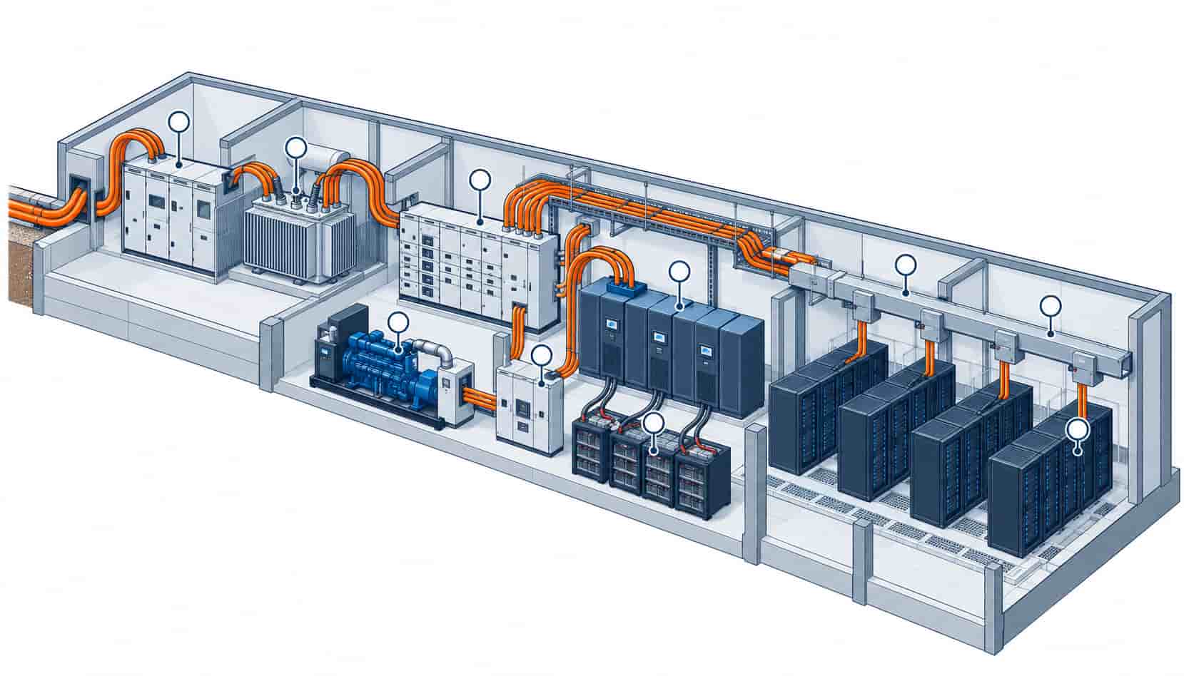 Isometric illustration mapping every cable hop from MV intake through transformer, LV boards, UPS and busway to server racks