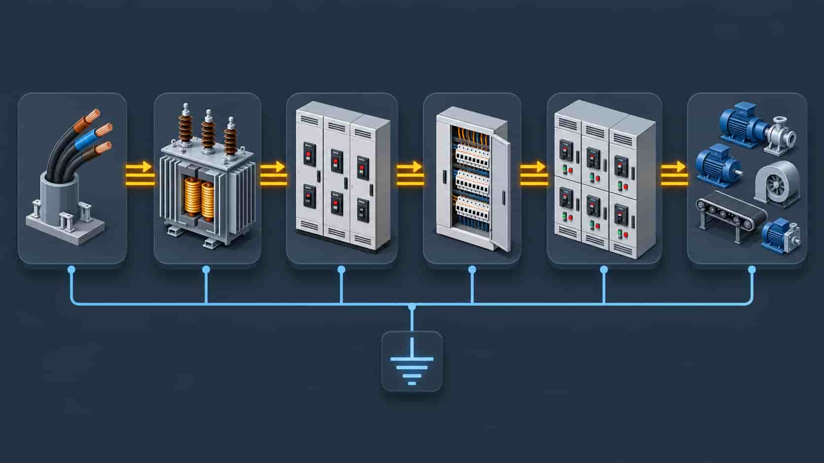 Flat infographic of an industrial power distribution chain from incoming supply through transformer switchgear MCC to motors
