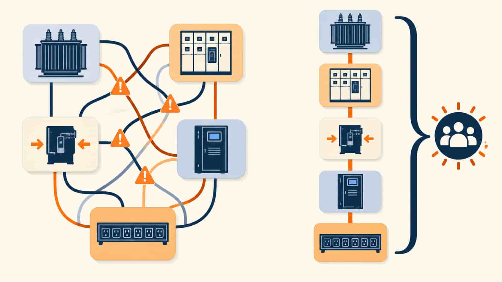 Flat infographic comparing multi-vendor power package interfaces with a single coordinated supplier