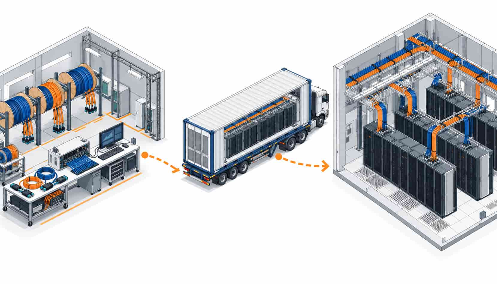 Isometric illustration of factory built cable assemblies shipping to a data hall for plug-in installation
