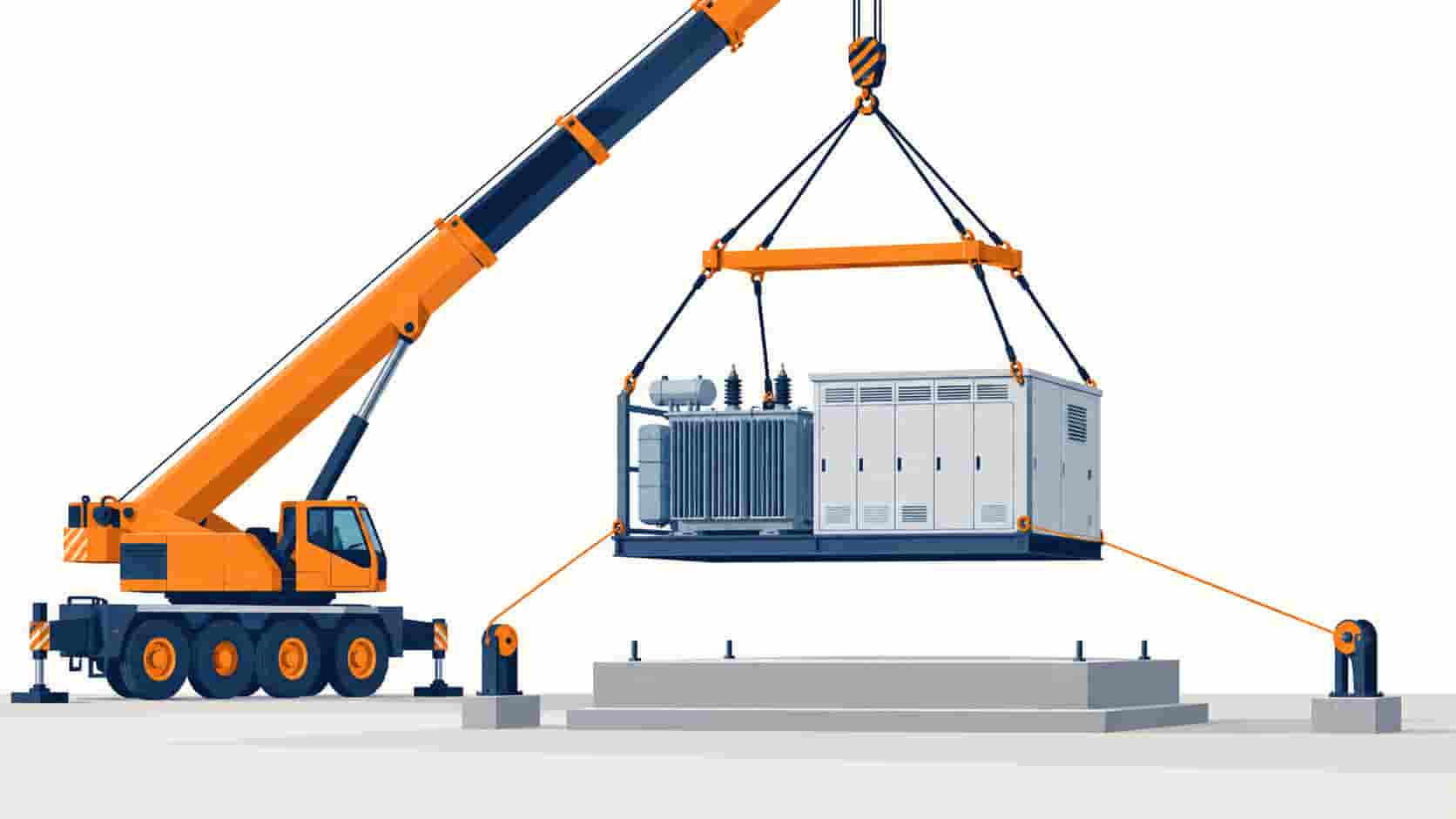 Flat illustration of a skid-mounted substation package being lifted by crane onto a plinth
