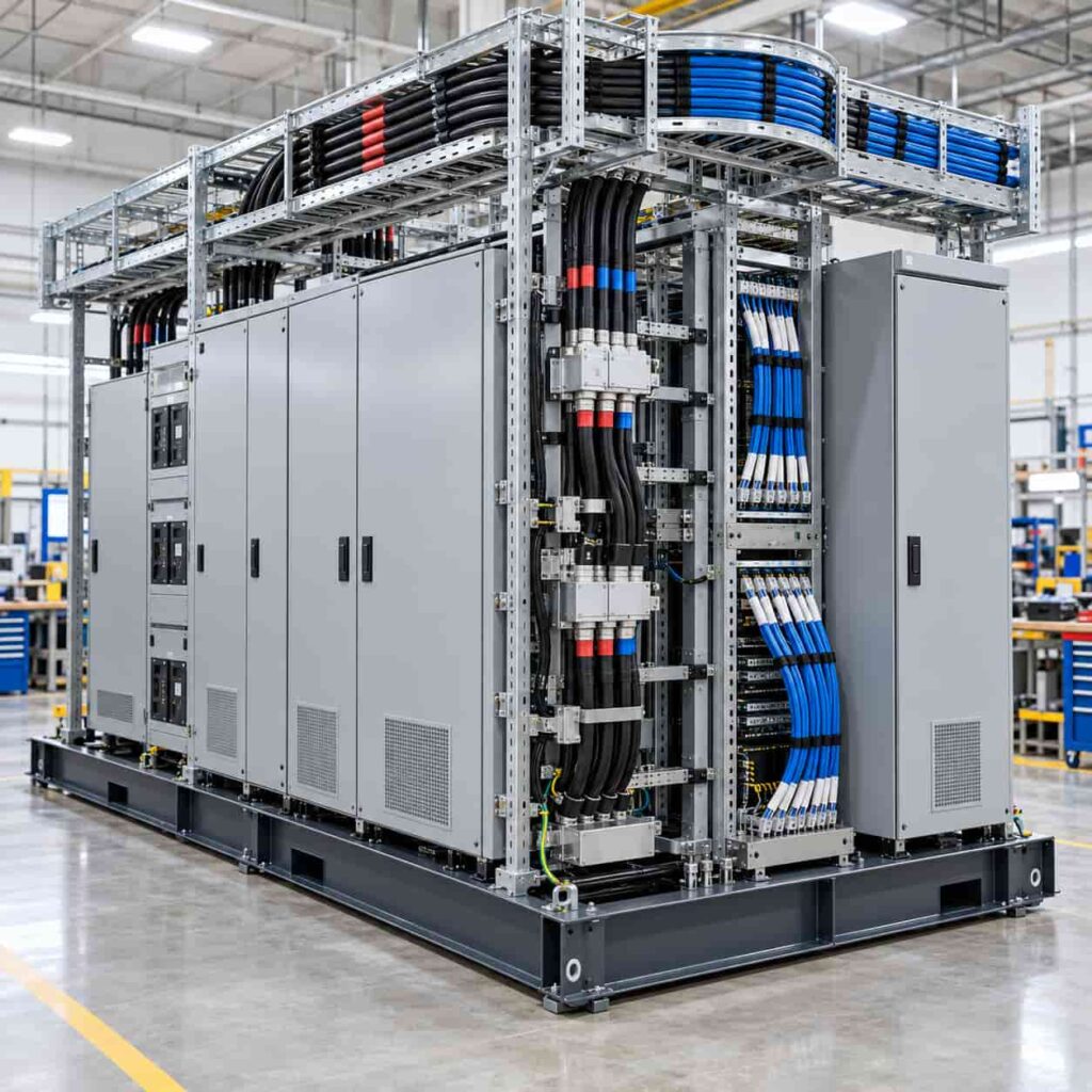 actory assembled modular data center skid with pre-terminated cables dressed on overhead racks