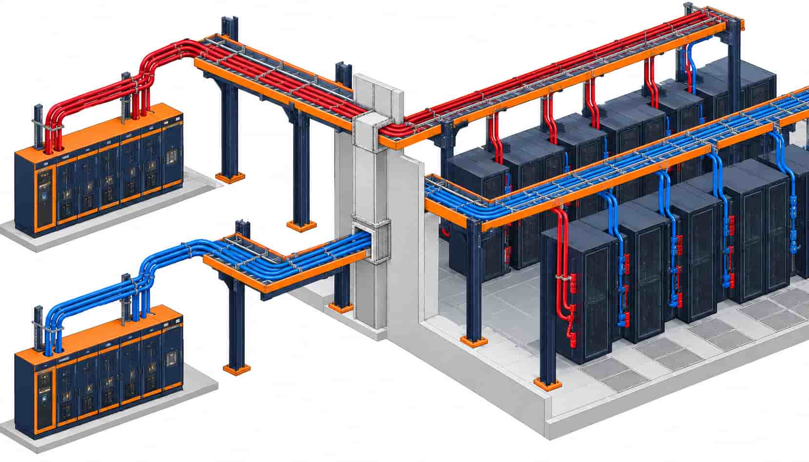 Isometric illustration of mirrored A and B cable routes from separate switchboards to dual-corded racks
