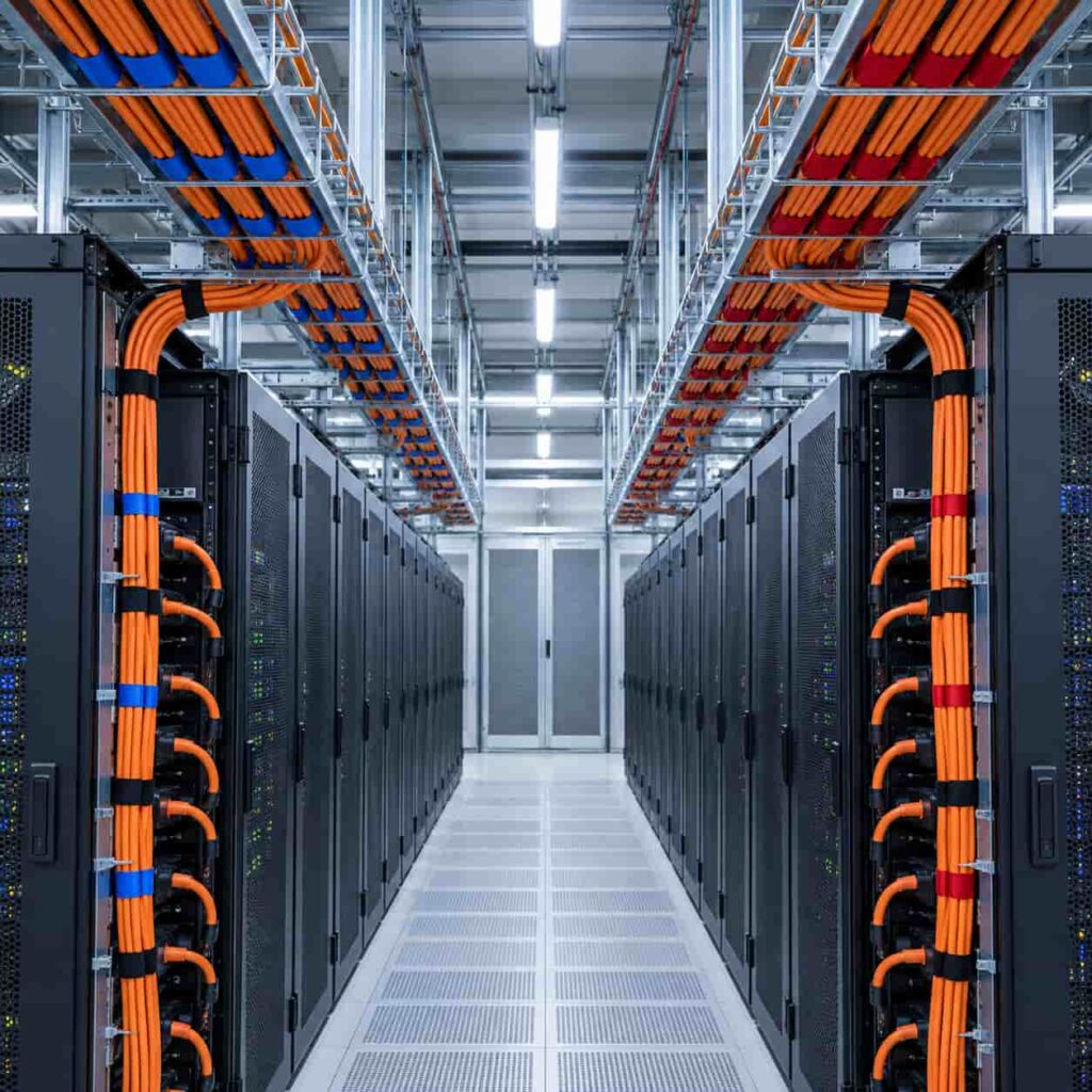 Two separate cable tray routes carrying A and B power feeds into a data hall above dual-corded server racks